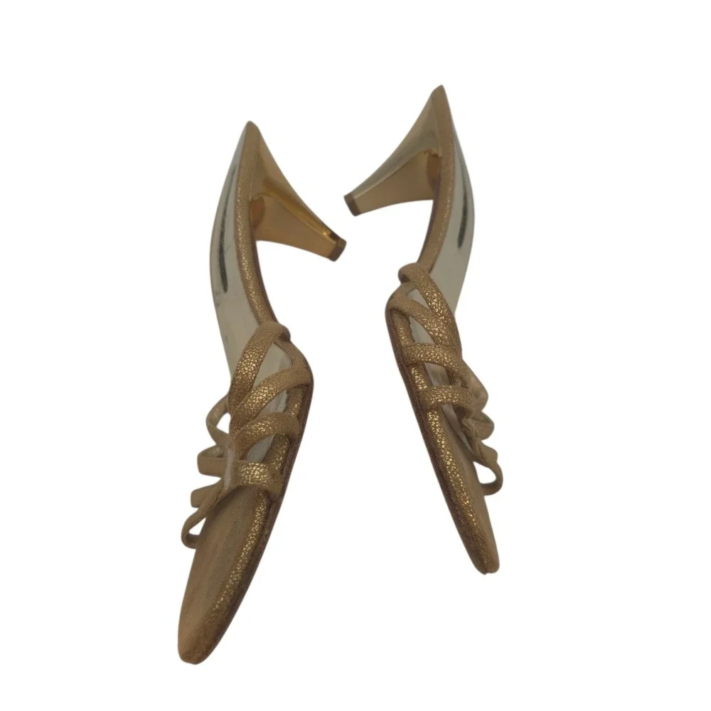 Silvana Made‎ Italy Gold Strappy Heels 40/9.5 Leather Sole Evening Sandals Gala - Picture 3 of 11